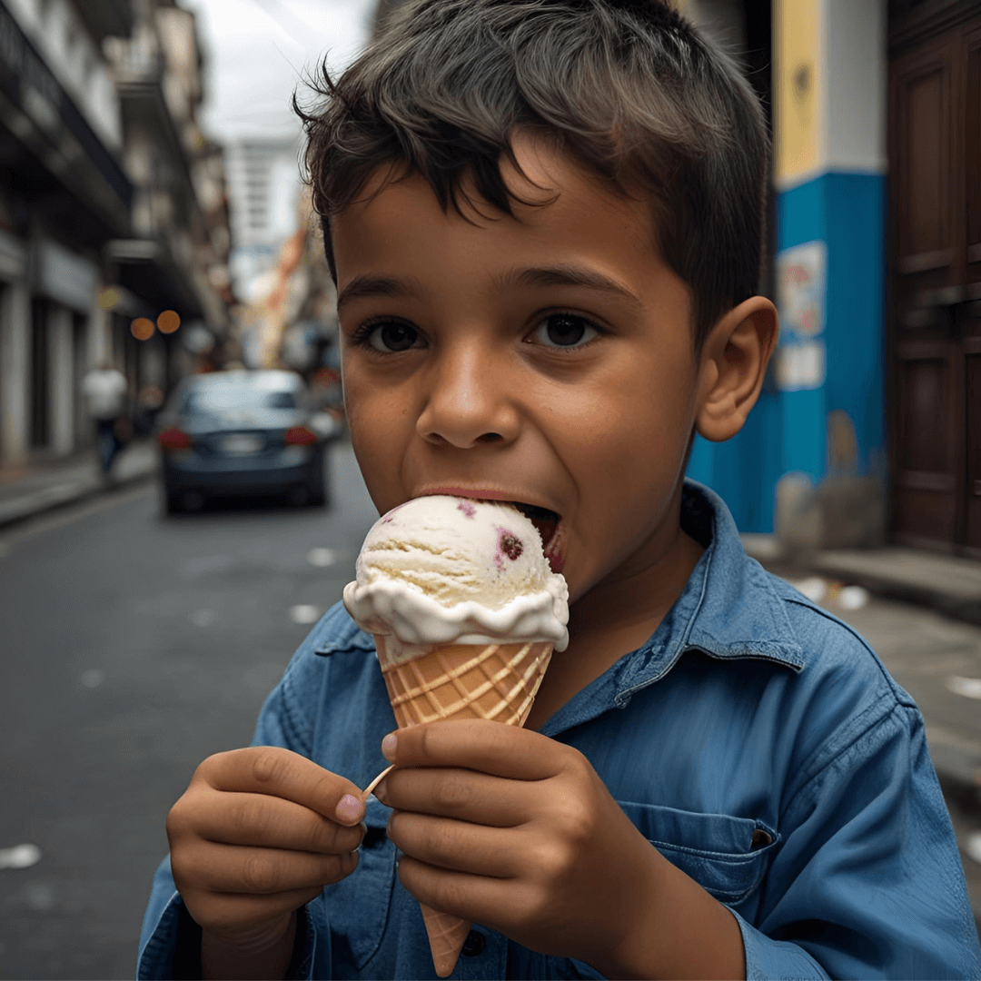 menino tomando sorvete no centro de SP, Brasil
